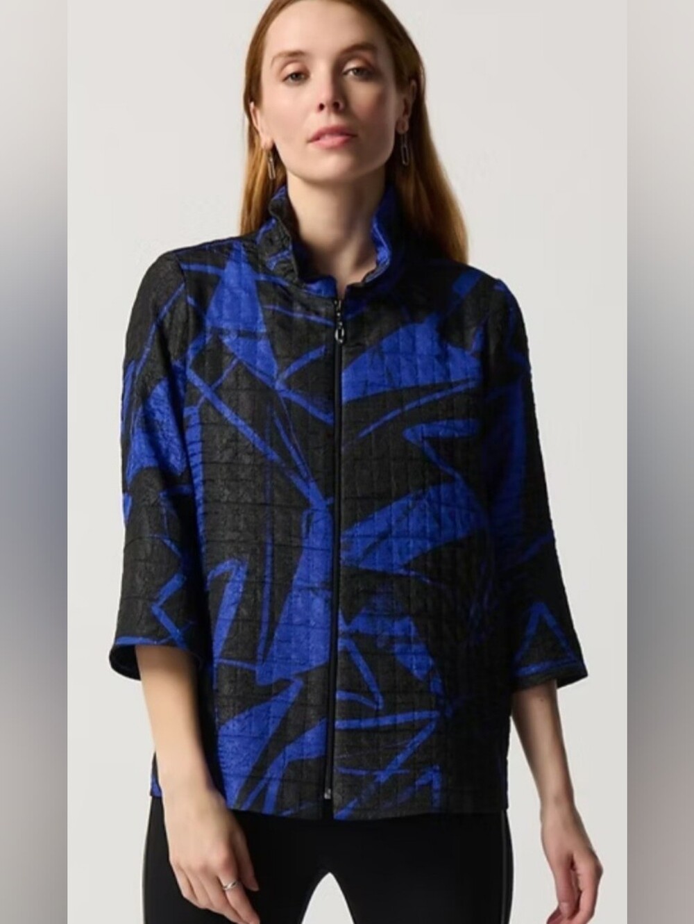 Joseph Ribkoff Jacket Quilted Sapphire Blue And Black Abstract Zip